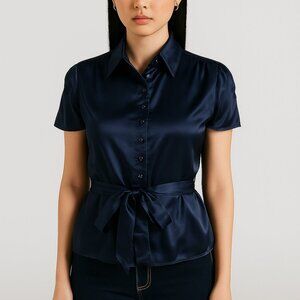 NWT Belted Satin Blue Blouse (junior size) button down shirt- S,M,L